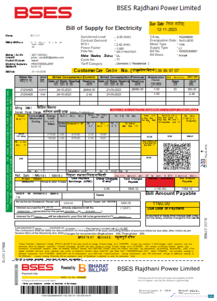 Download BSES Rajdhani Power Limited electricity utility business bill, SCR Photoshop template